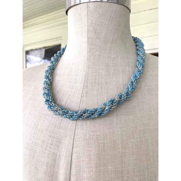 Vintage Nepal Glass seed bead Woven Necklace Turquoise - Picture 13 of 13